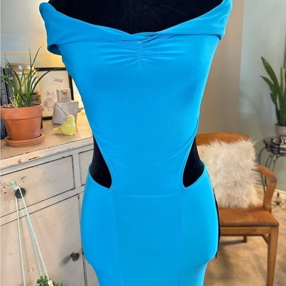 NWT Symphony Blue XS/S Dress Long BodyCon Side Cut Out Stretch Jersey Knit - Picture 2 of 11